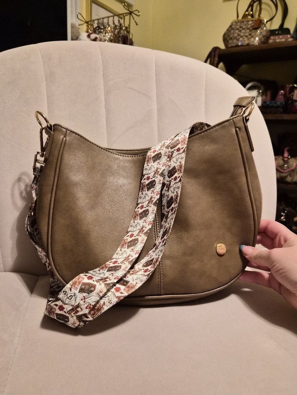 Taupe Curved Hobo Bag with Printed Bookish Strap